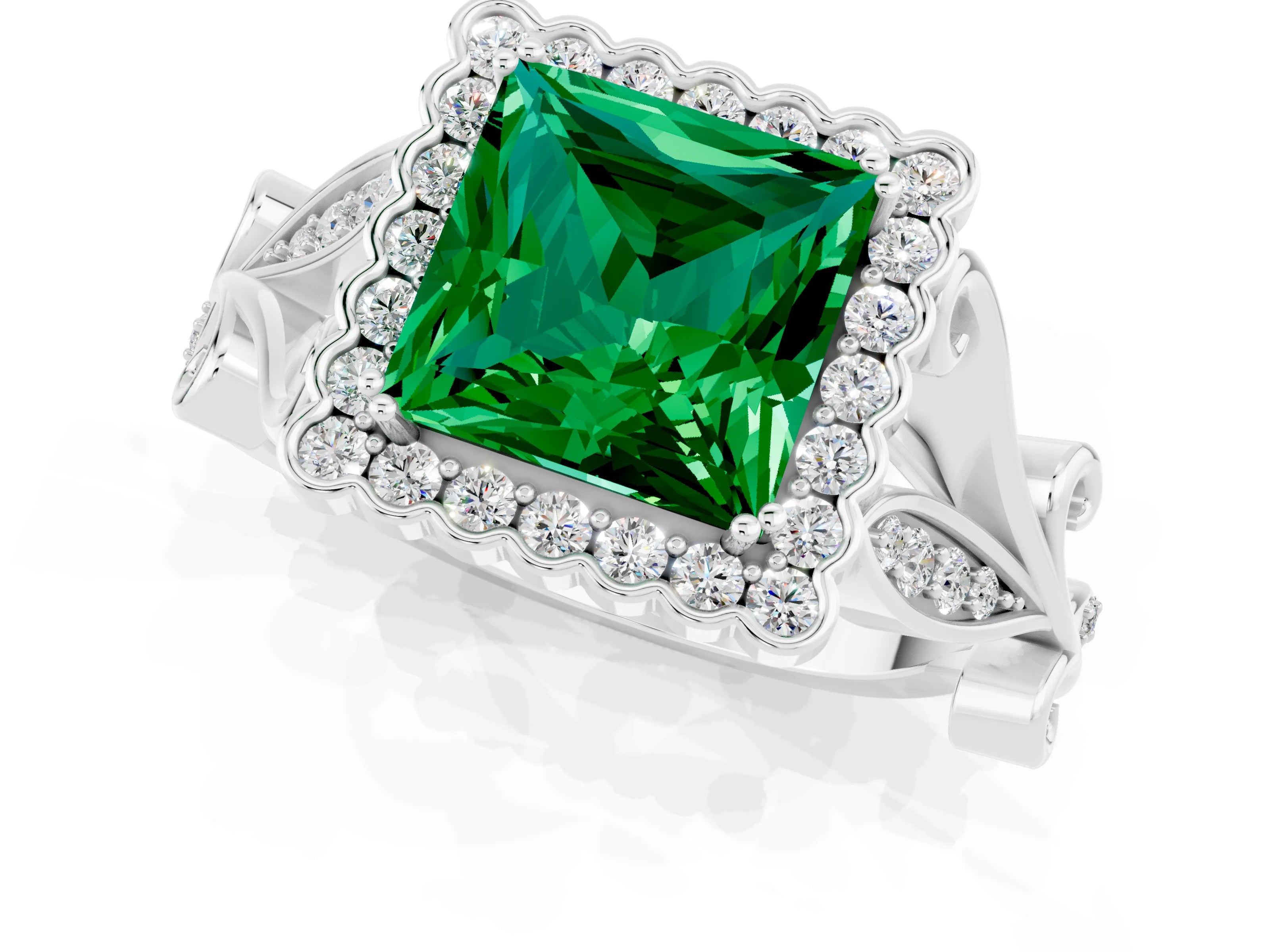 White gold Princess Cut Emerald Halo Ring with Vintage Split Shank and Four-Prong Setting_25