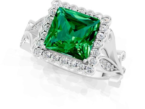 White gold Princess Cut Emerald Halo Ring with Vintage Split Shank and Four-Prong Setting_25