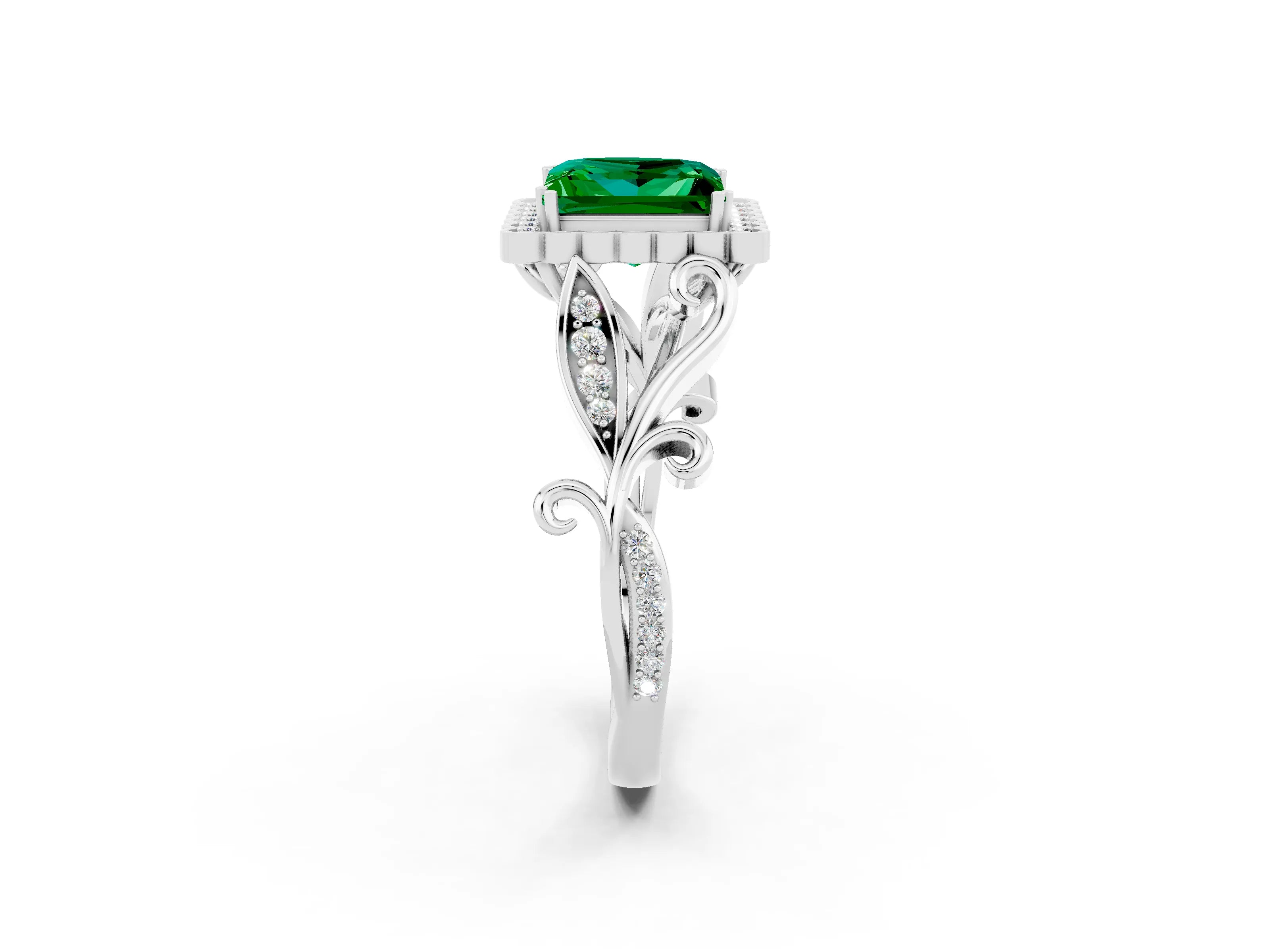 White gold Princess Cut Emerald Halo Ring with Vintage Split Shank and Four-Prong Setting_26