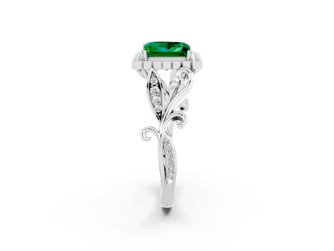 White gold Princess Cut Emerald Halo Ring with Vintage Split Shank and Four-Prong Setting_26