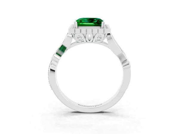 Silver Princess Cut Emerald Halo Ring with Vintage Split Shank and Four-Prong Setting