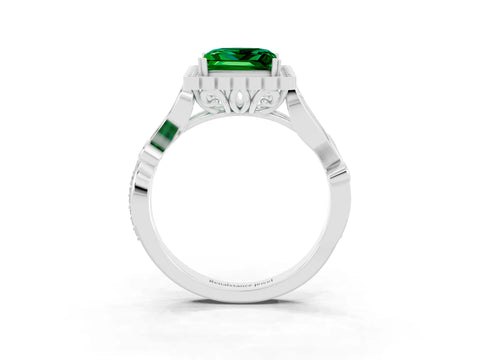 White gold Princess Cut Emerald Halo Ring with Vintage Split Shank and Four-Prong Setting_27