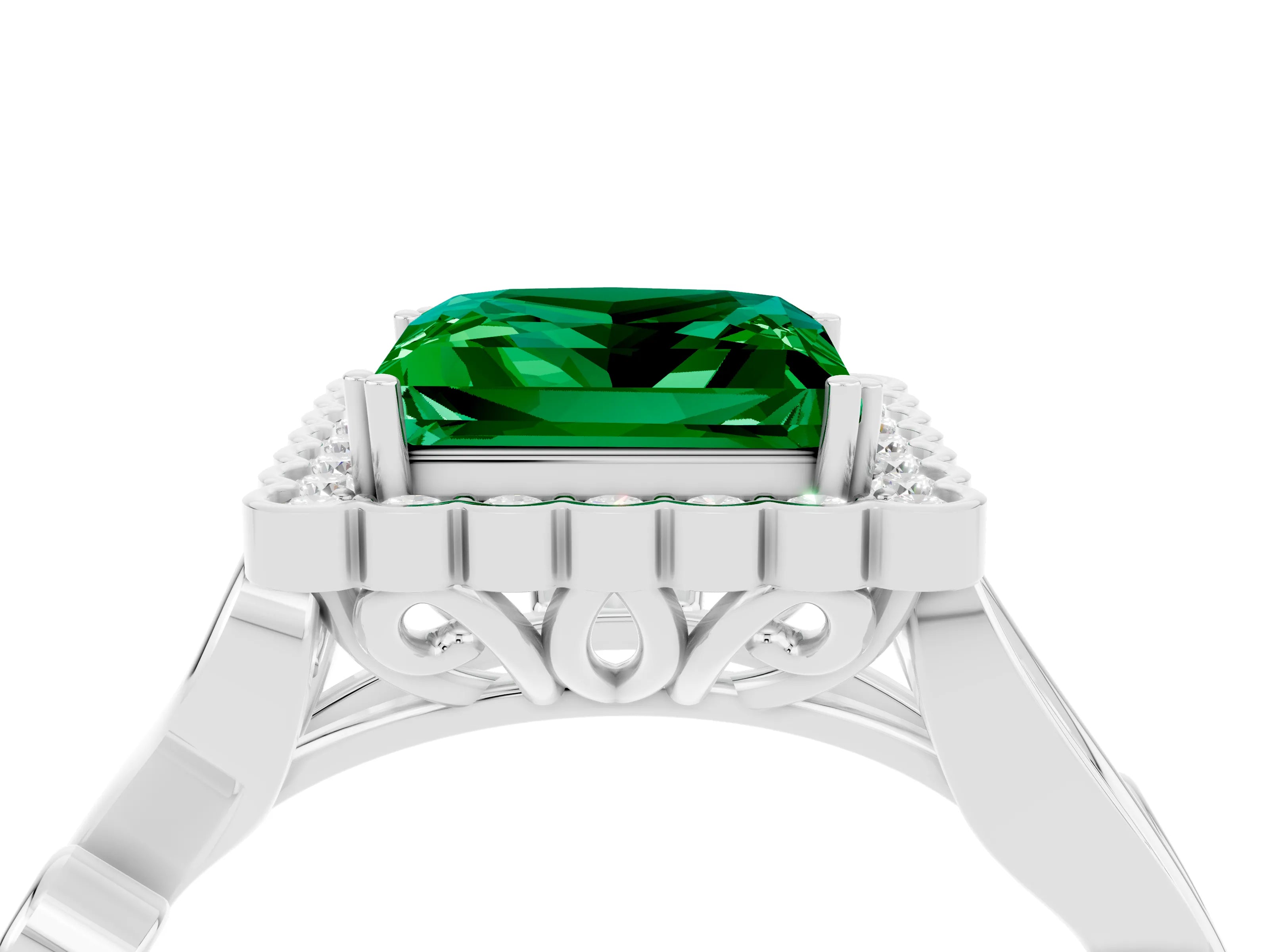 White gold Princess Cut Emerald Halo Ring with Vintage Split Shank and Four-Prong Setting_28