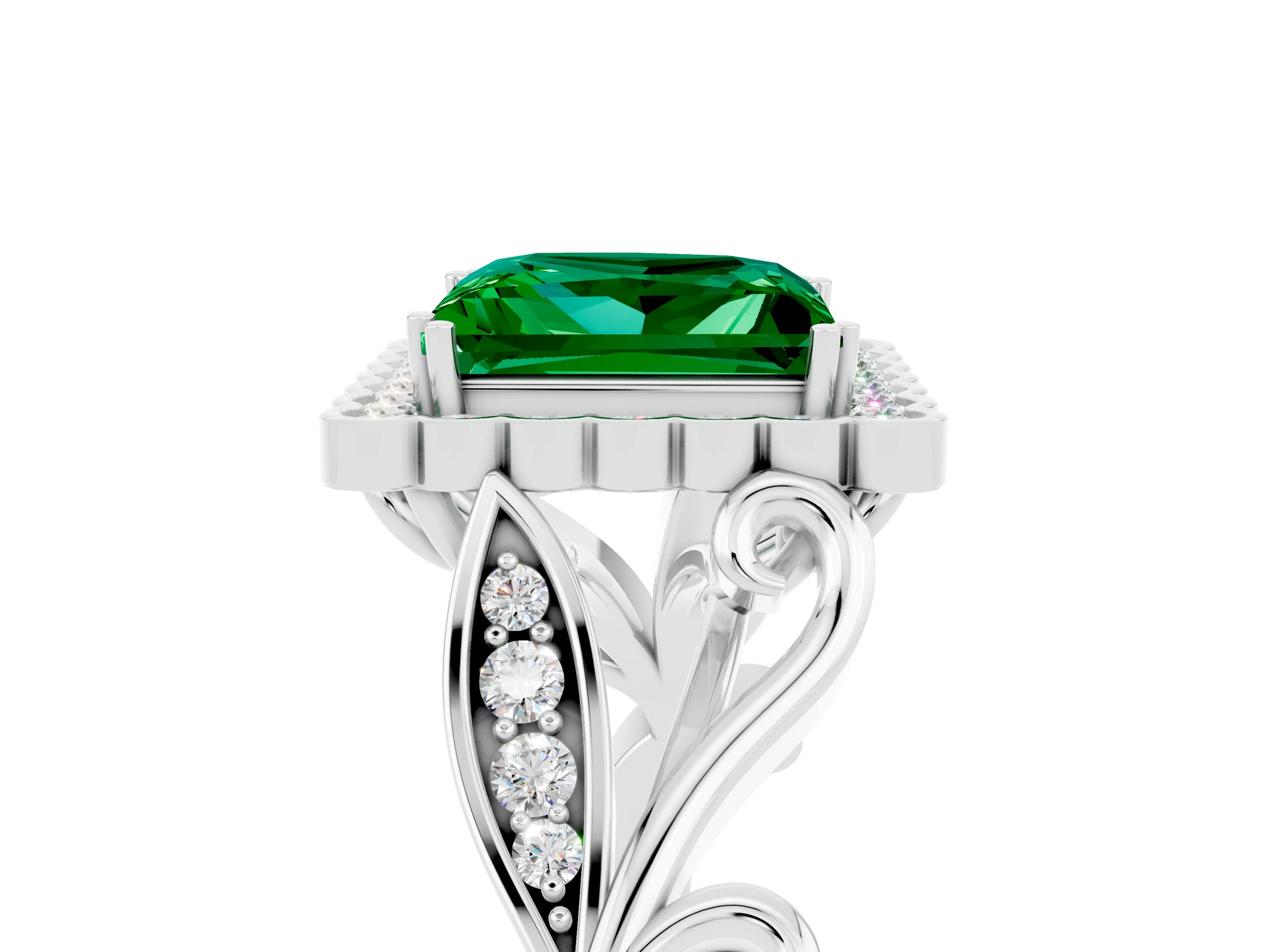 White gold Princess Cut Emerald Halo Ring with Vintage Split Shank and Four-Prong Setting_29