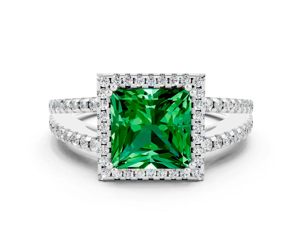 Platinum Princess Cut Emerald Halo Split Shank Engagement Ring