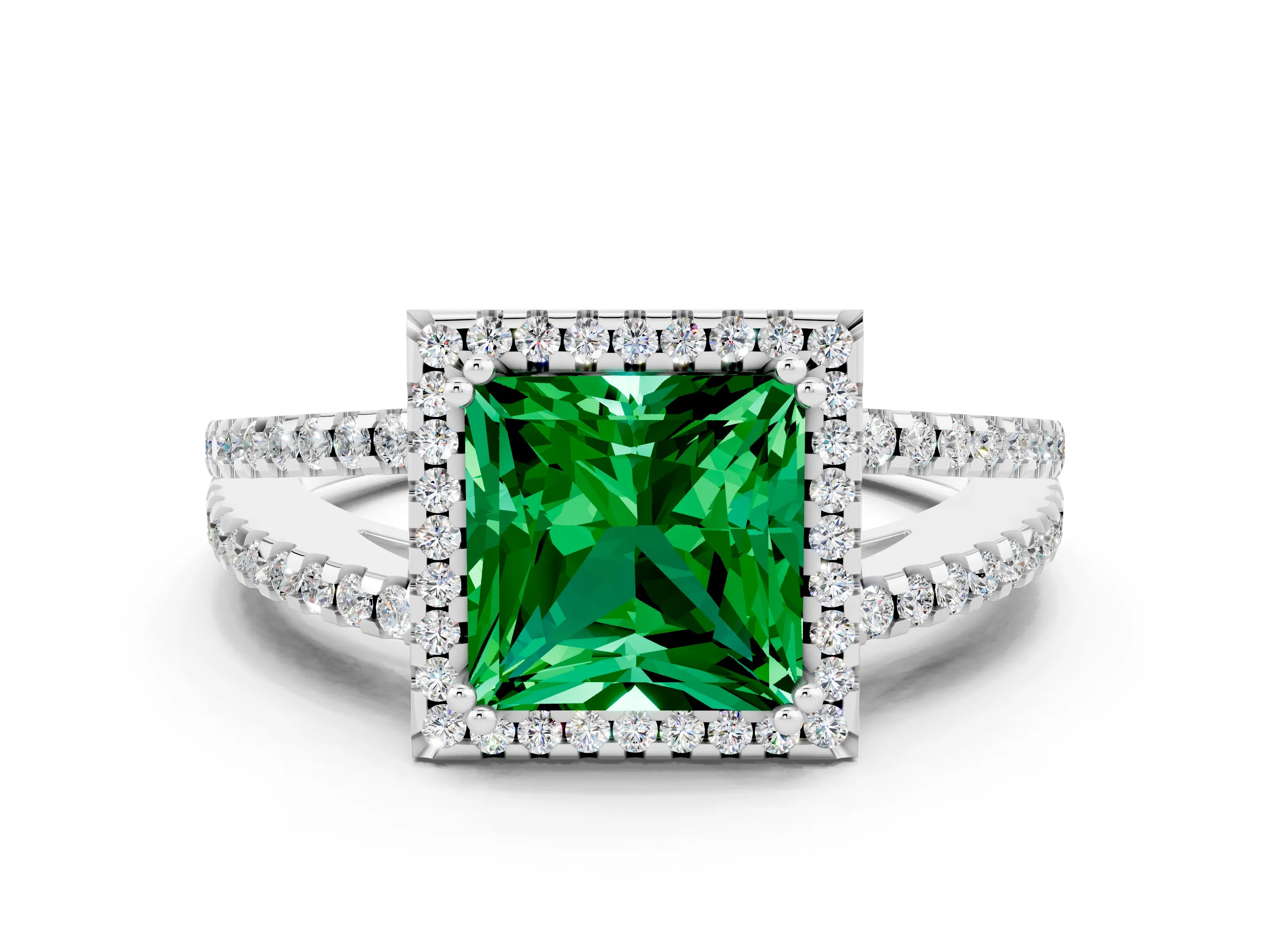 White gold Princess Cut Emerald Halo Split Shank Engagement Ring_12