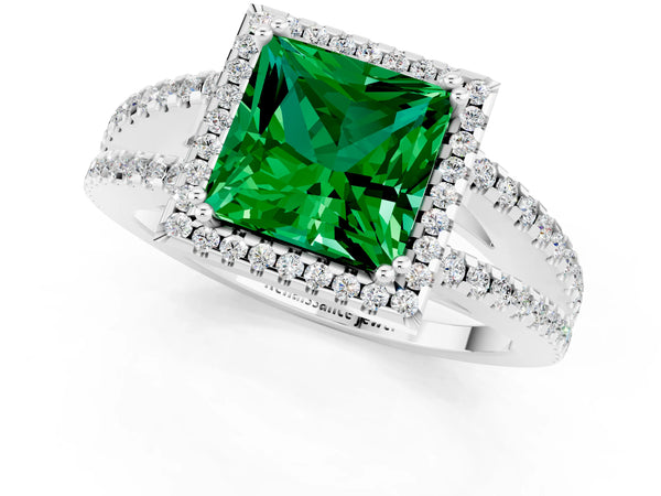 White gold Princess Cut Emerald Halo Split Shank Engagement Ring