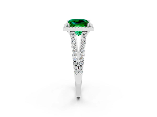 White gold Princess Cut Emerald Halo Split Shank Engagement Ring