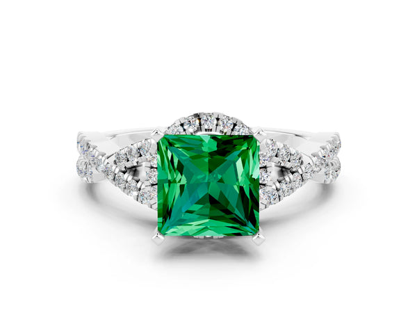 White gold Princess Cut Emerald  Halo Twist Band Solitaire Prong Setting Ring