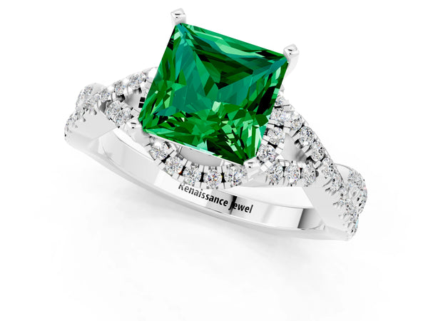 White gold Princess Cut Emerald  Halo Twist Band Solitaire Prong Setting Ring