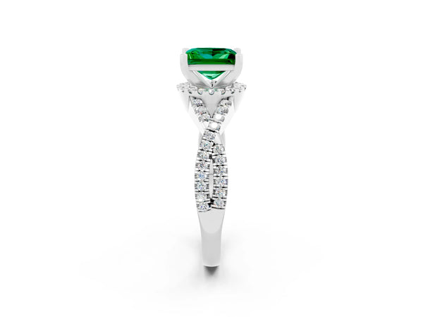 White gold Princess Cut Emerald  Halo Twist Band Solitaire Prong Setting Ring