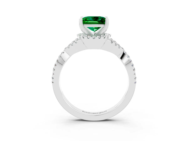 White gold Princess Cut Emerald  Halo Twist Band Solitaire Prong Setting Ring