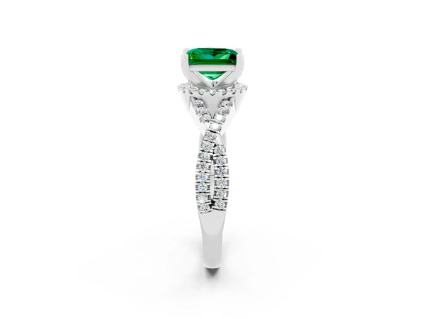 White gold Princess Cut Emerald  Halo Twist Band Solitaire Prong Setting Ring