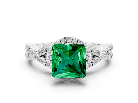 White gold Princess Cut Emerald Halo Twist Band Solitaire Prong Setting Ring
