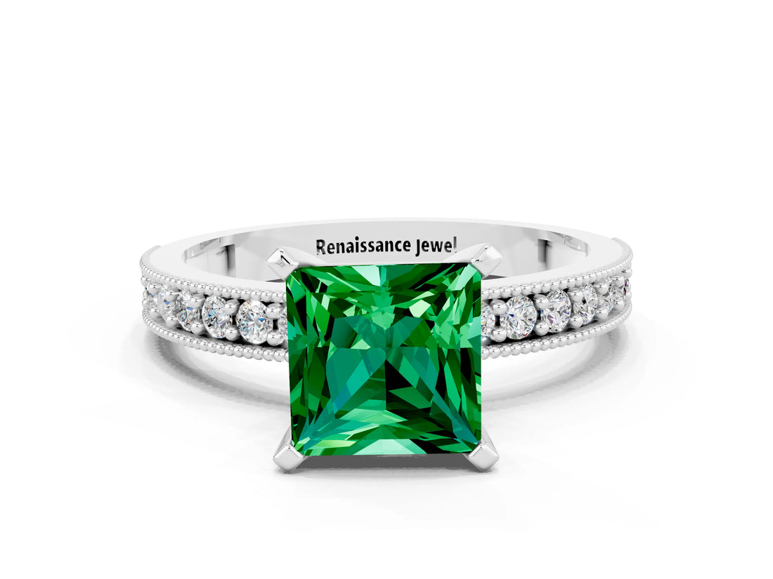 White gold Princess Cut Emerald Milgrain Pavé Engagement Ring with Four-Prong Setting_12