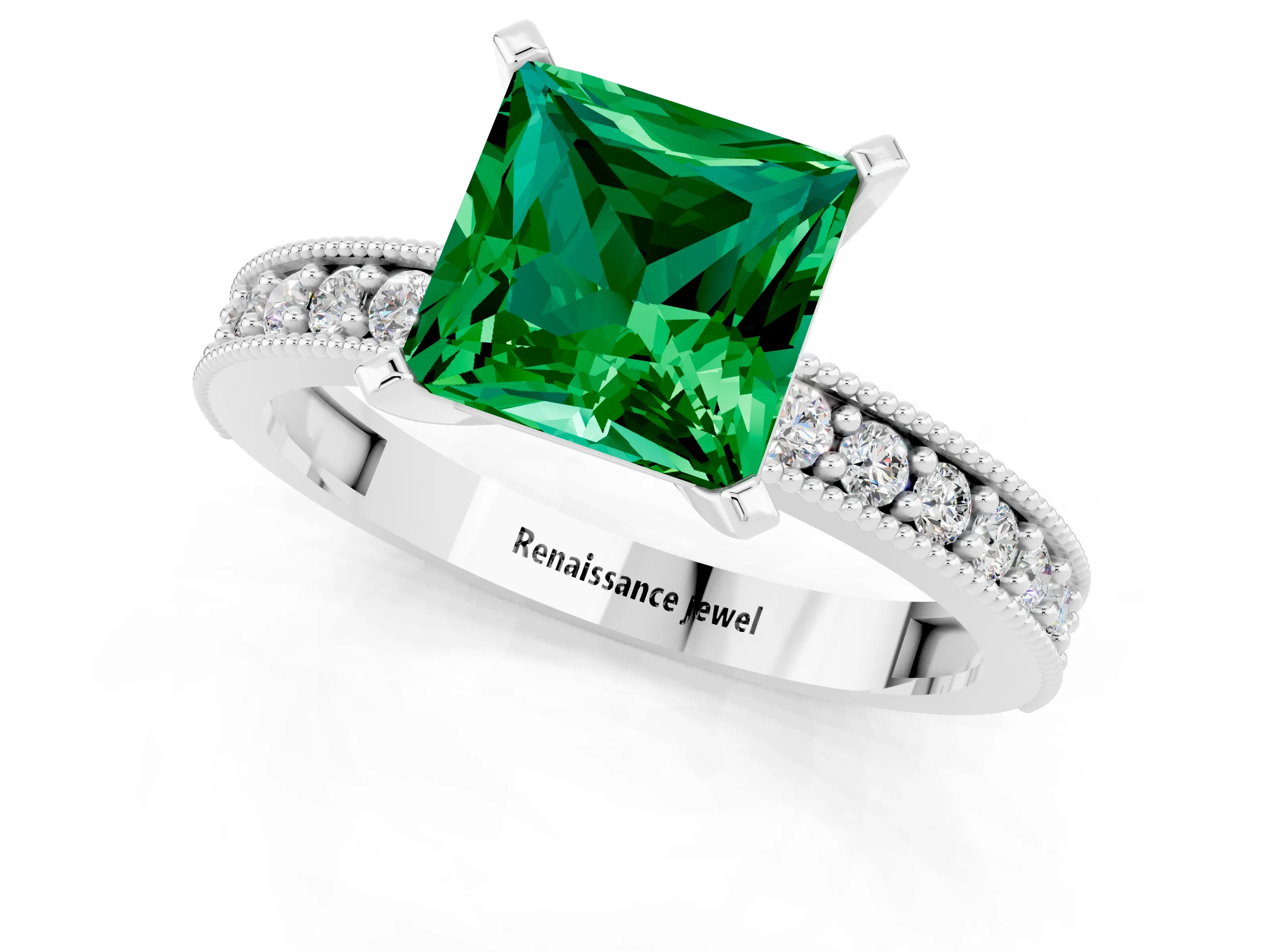 White gold Princess Cut Emerald Milgrain Pavé Engagement Ring with Four-Prong Setting_13