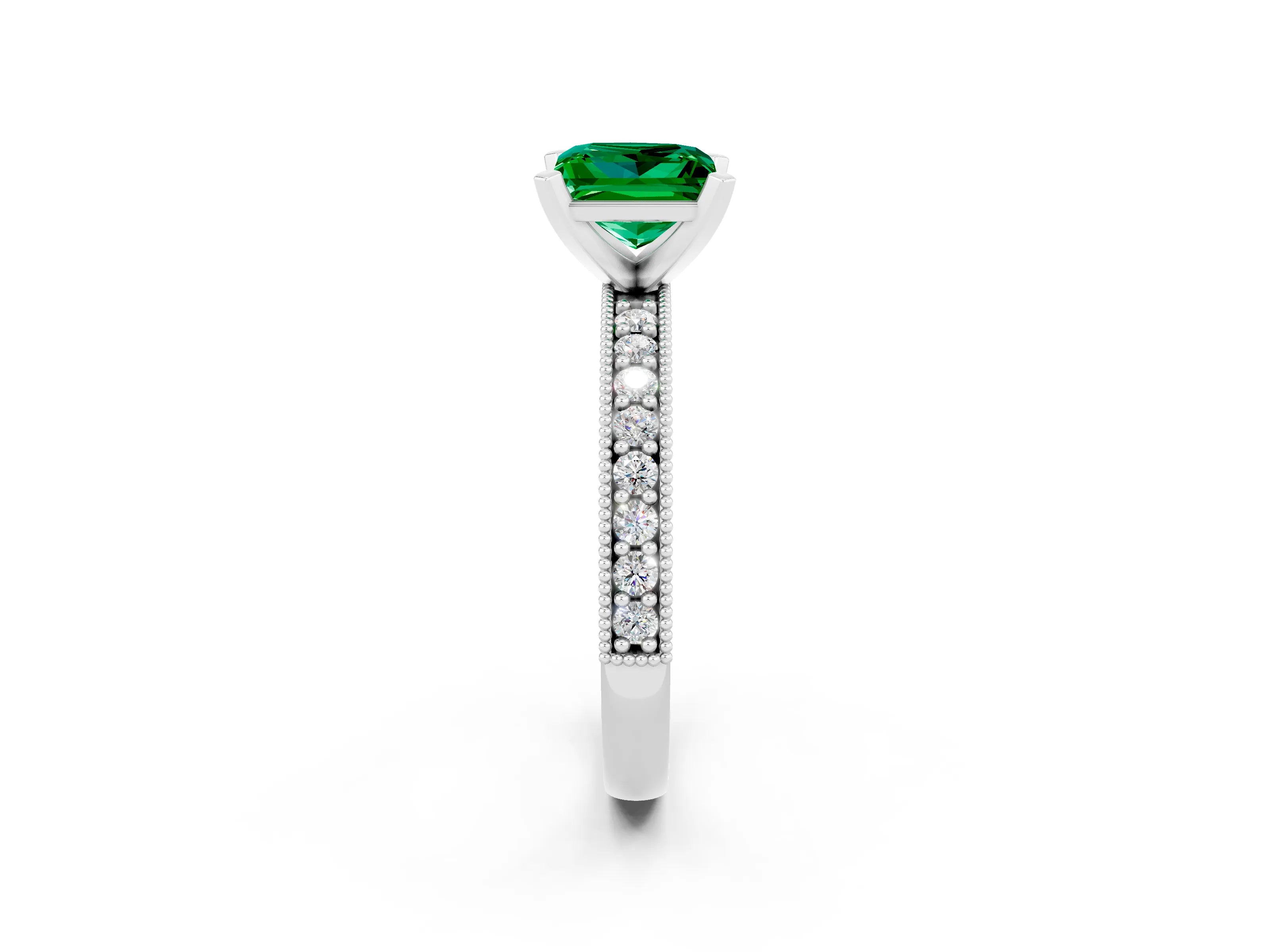 White gold Princess Cut Emerald Milgrain Pavé Engagement Ring with Four-Prong Setting_14