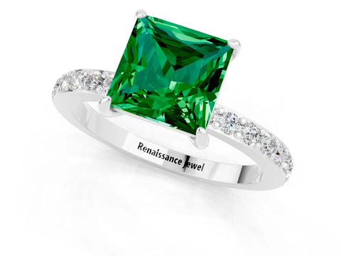 White gold Princess Cut Emerald Pavé Engagement Ring with Round  Accents and Prong Setting_25