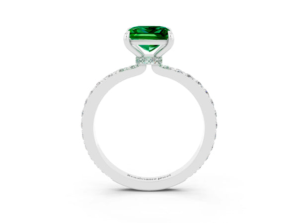 Silver Princess Cut Emerald Pavé Engagement Ring with Round  Accents and Prong Setting