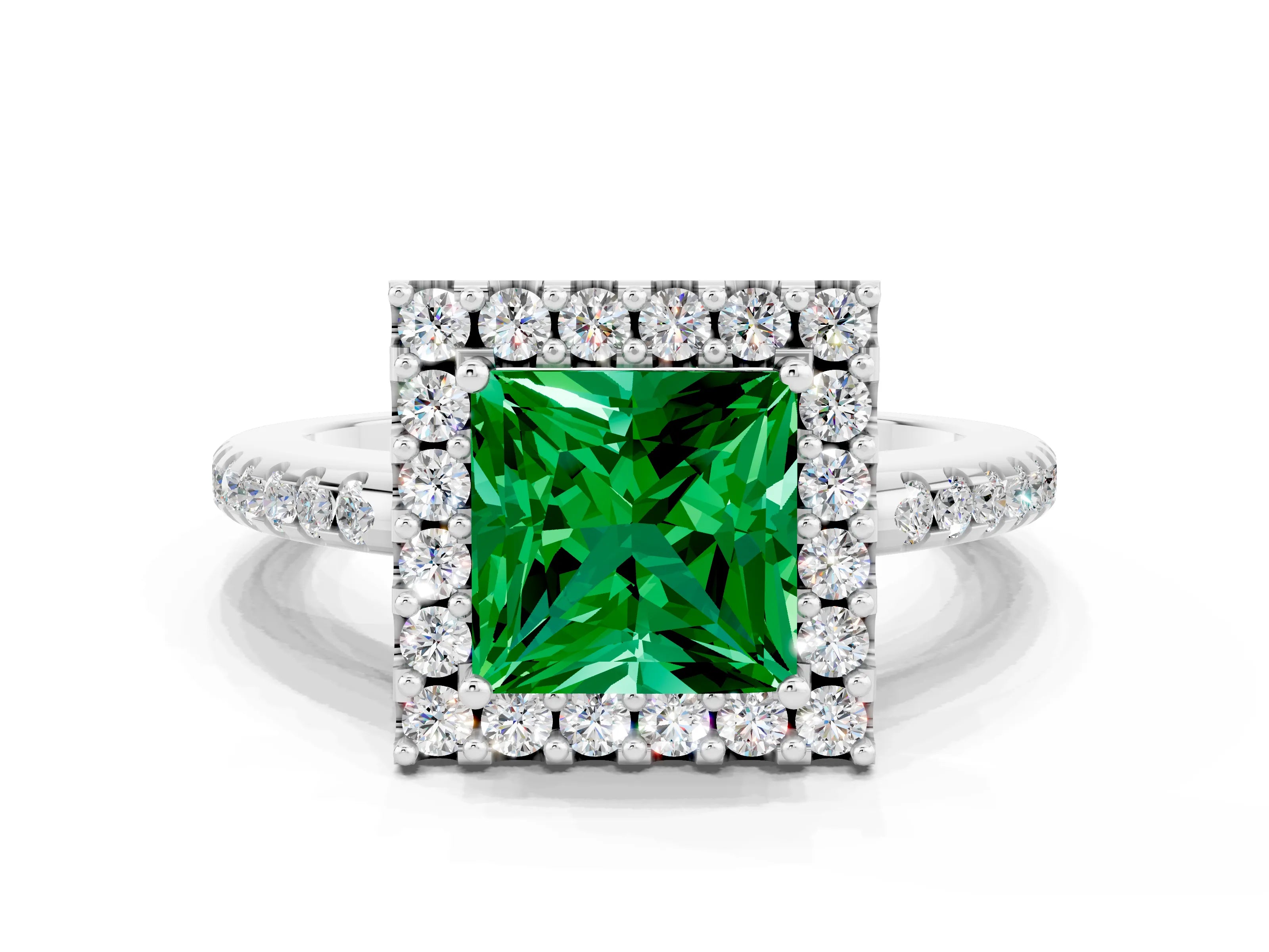 White gold Princess Cut Emerald Pavé Halo Ring with Four-Prong Setting_12