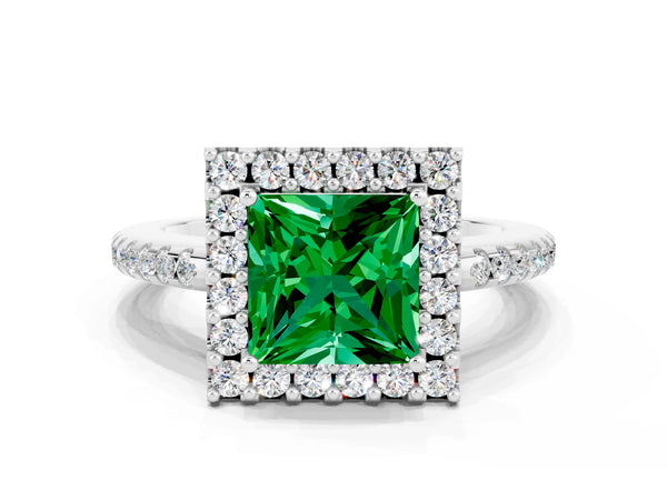 White gold Princess Cut Emerald Pavé Halo Ring with Four-Prong Setting