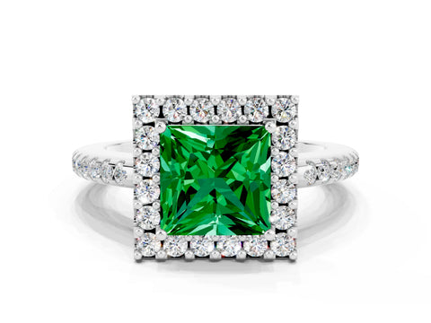 White gold Princess Cut Emerald Pavé Halo Ring with Four-Prong Setting_12