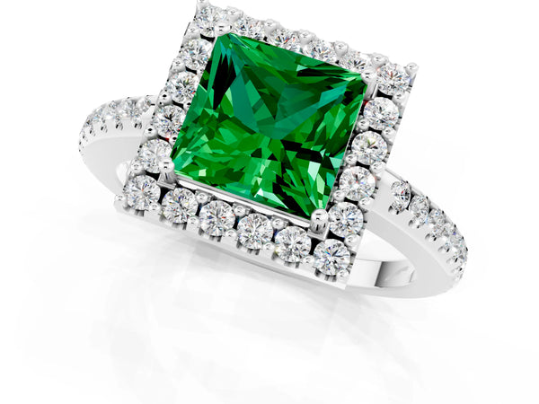 Platinum Princess Cut Emerald Pavé Halo Ring with Four-Prong Setting