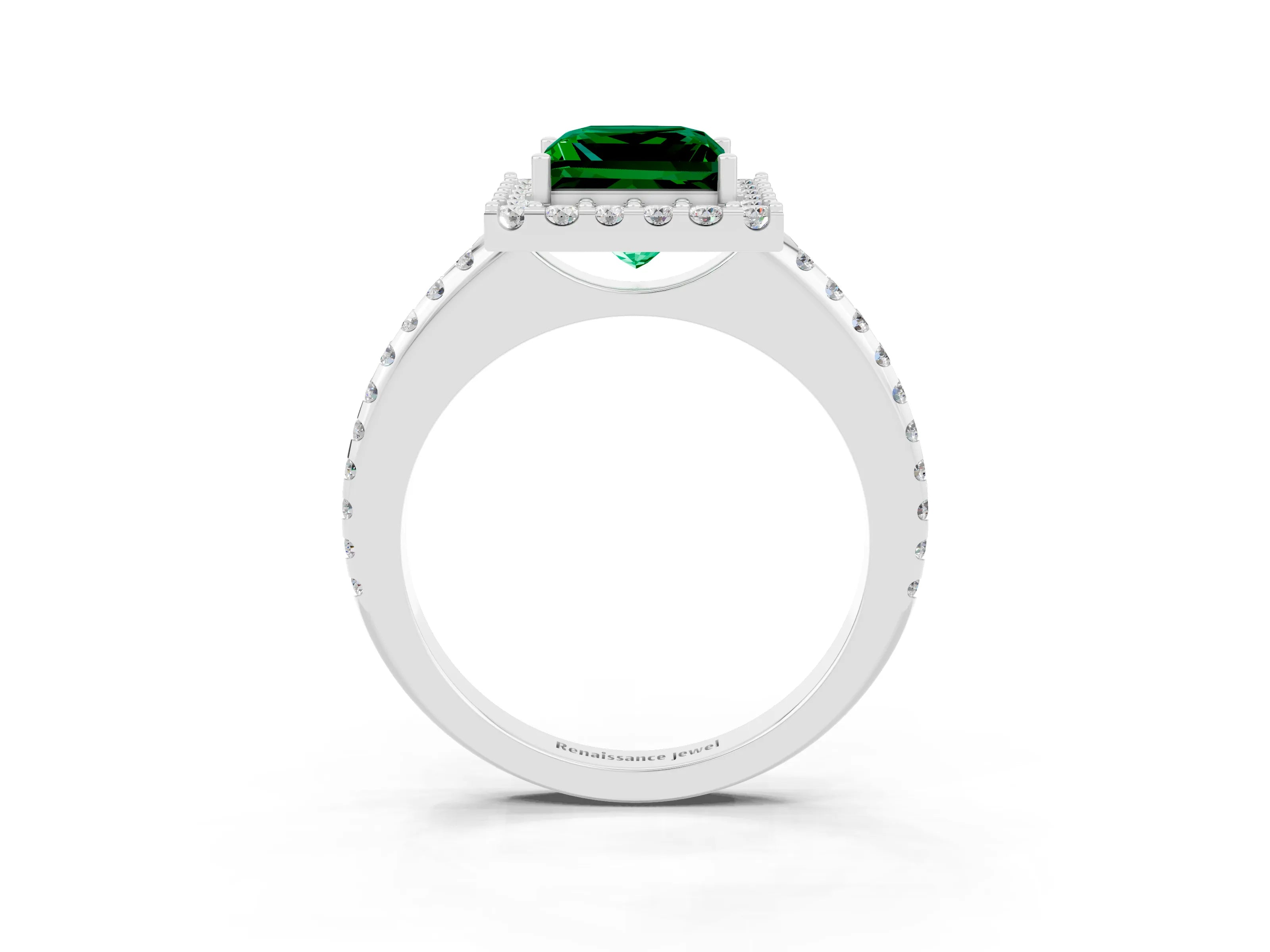 White gold Princess Cut Emerald Pavé Halo Ring with Four-Prong Setting_15