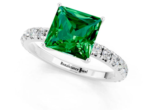 White gold Princess Cut Emerald Pavé Solitaire Engagement Ring with Four-Prong Setting_13