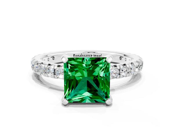 Platinum Princess Cut Emerald Pavé Solitaire Ring with Round Band and Prong Setting