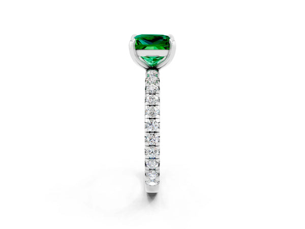 Platinum Princess Cut Emerald Pavé Solitaire Ring with Round Band and Prong Setting