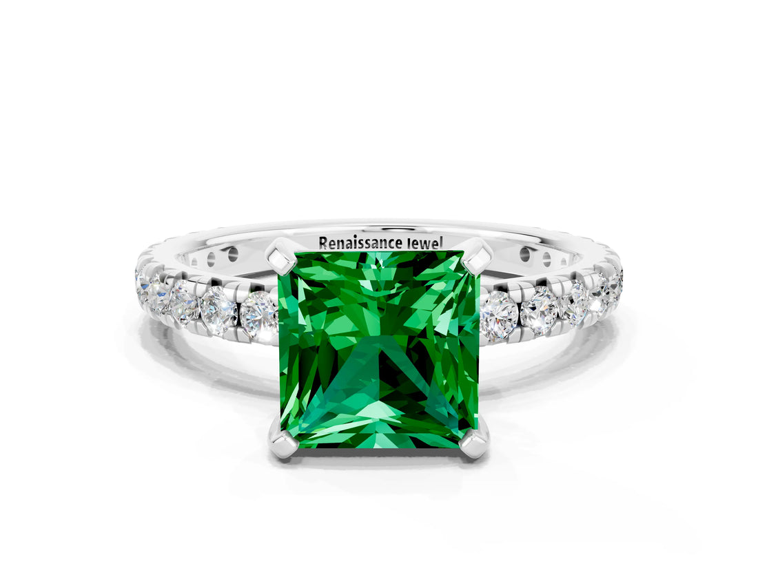 White gold Princess Cut Emerald Pavé Solitaire Ring with Round Band and Prong Setting_36