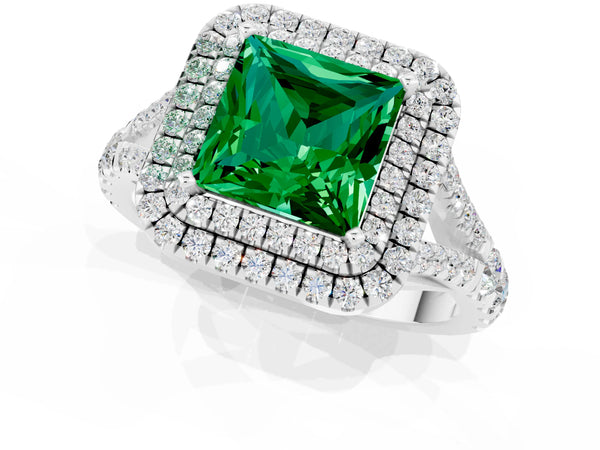 Silver Princess Cut Emerald Pavé Split Shank Double Halo Engagement Ring