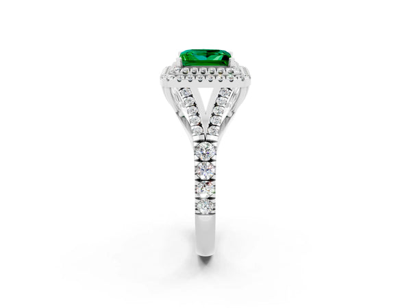 White gold Princess Cut Emerald Pavé Split Shank Double Halo Engagement Ring