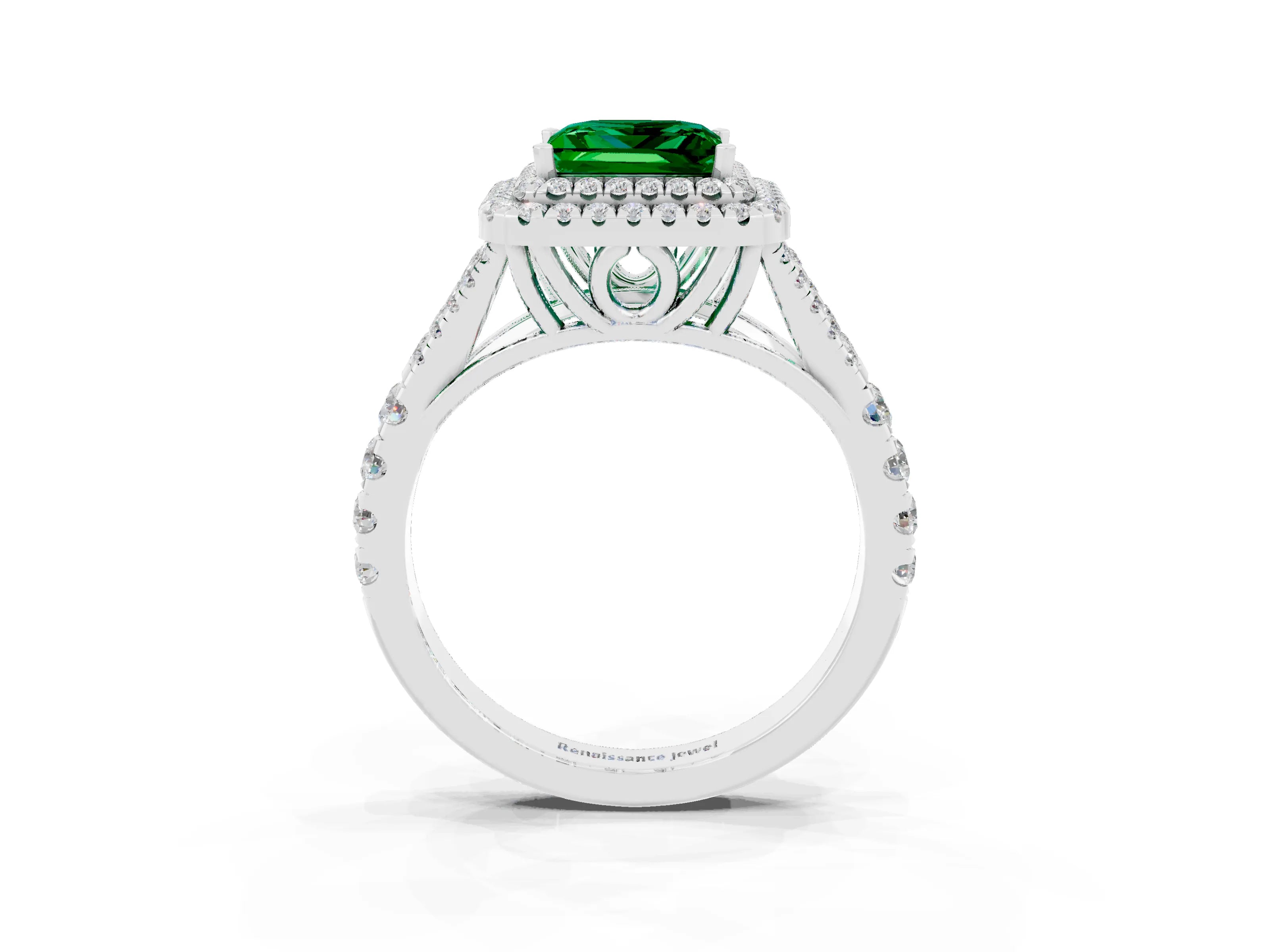 White gold Princess Cut Emerald Pavé Split Shank Double Halo Engagement Ring_3