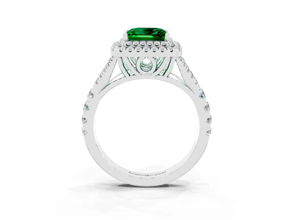 White gold Princess Cut Emerald Pavé Split Shank Double Halo Engagement Ring