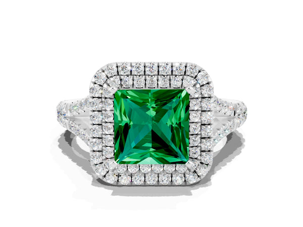 White gold Princess Cut Emerald Pavé Split Shank Double Halo Engagement Ring