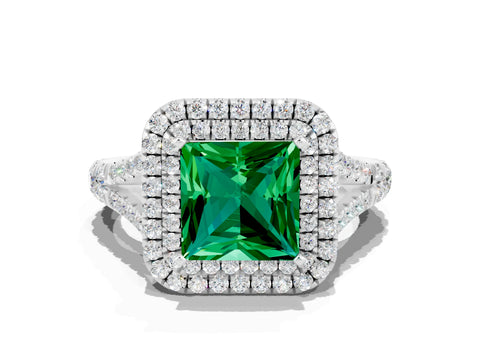 White gold Princess Cut Emerald Pavé Split Shank Double Halo Engagement Ring