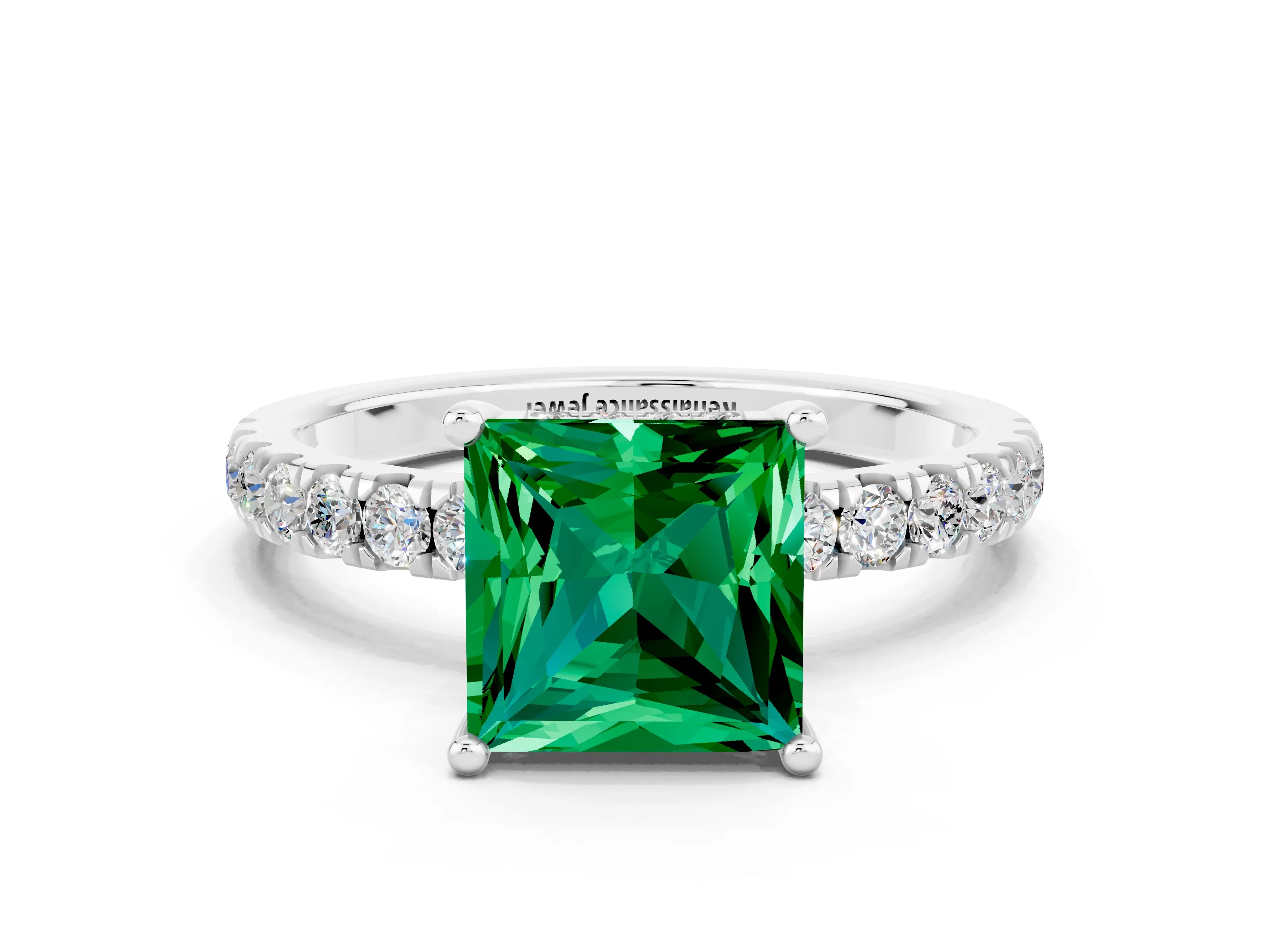 White gold Princess Cut Emerald Pave Band Solitaire Ring with Four-Prong Setting_12