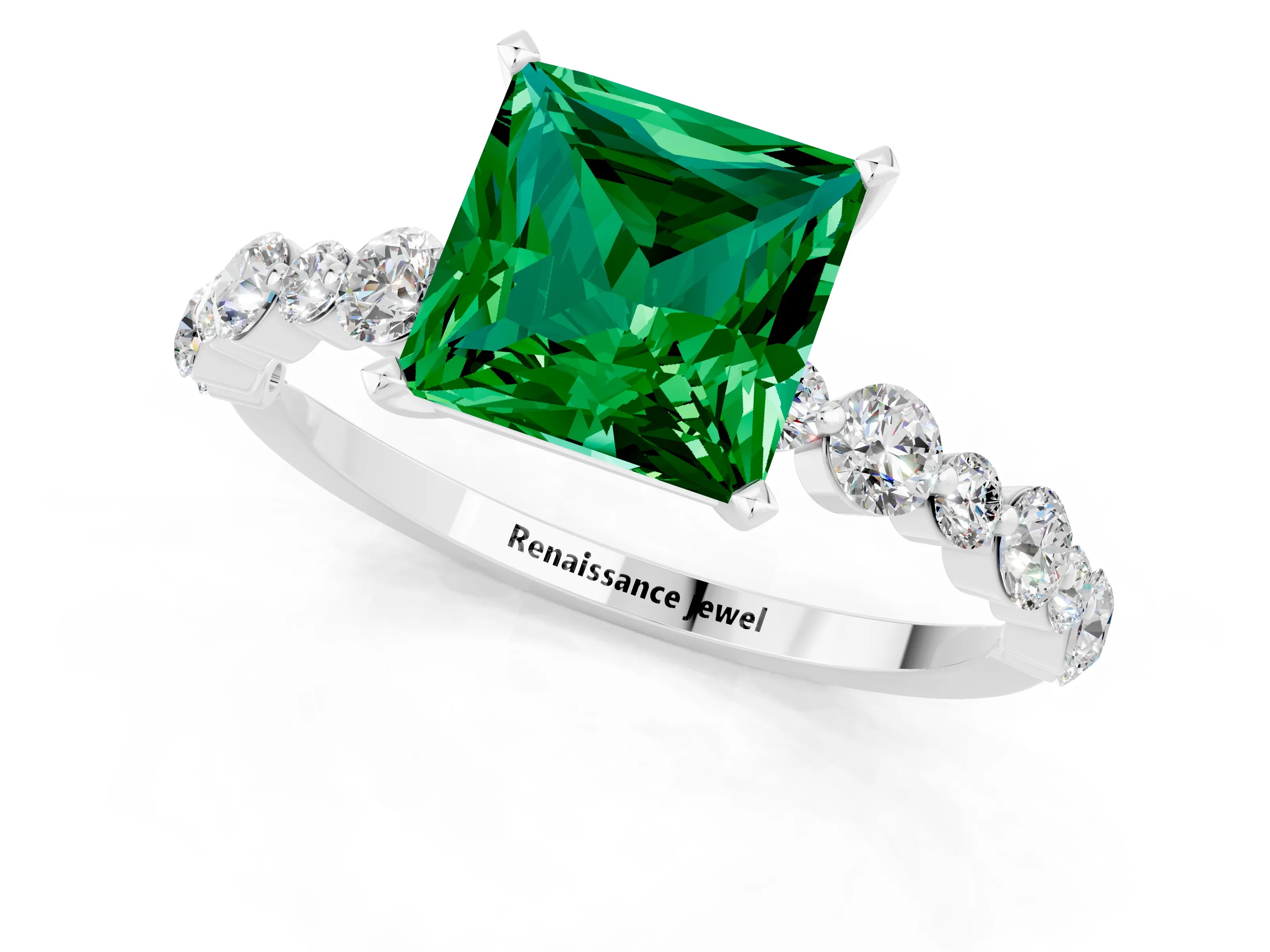 White gold Princess Cut Emerald Prong Set Engagement Ring with Pavé Band_1