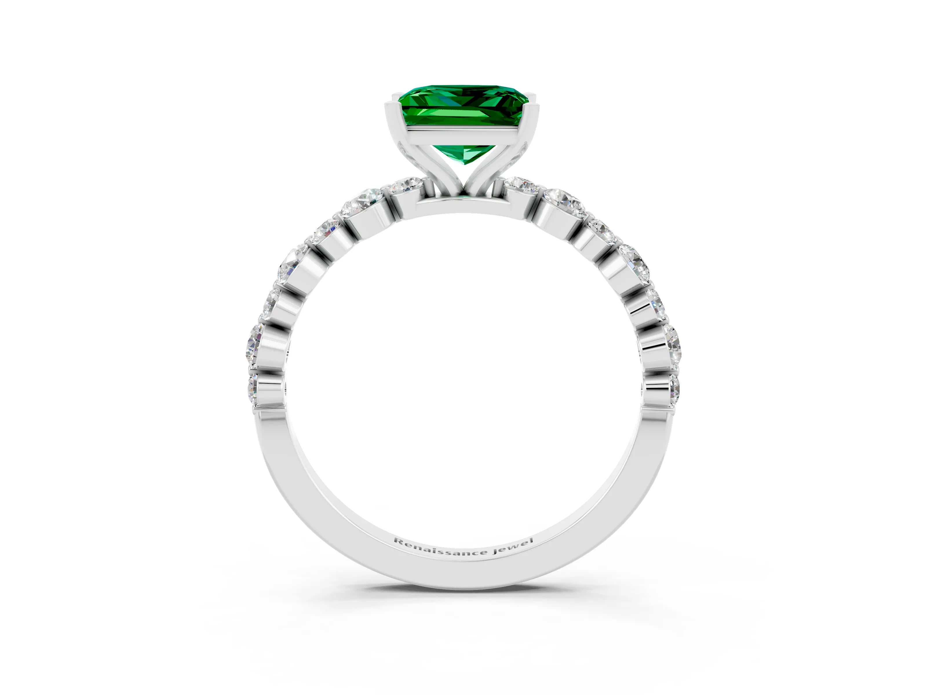 White gold Princess Cut Emerald Prong Set Engagement Ring with Pavé Band_3