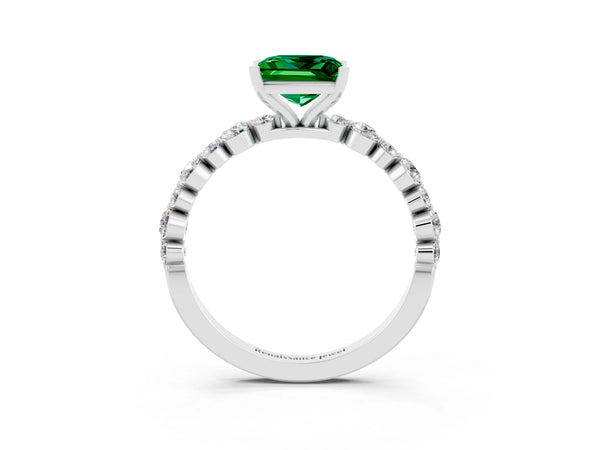 White gold Princess Cut Emerald Prong Set Engagement Ring with Pavé Band