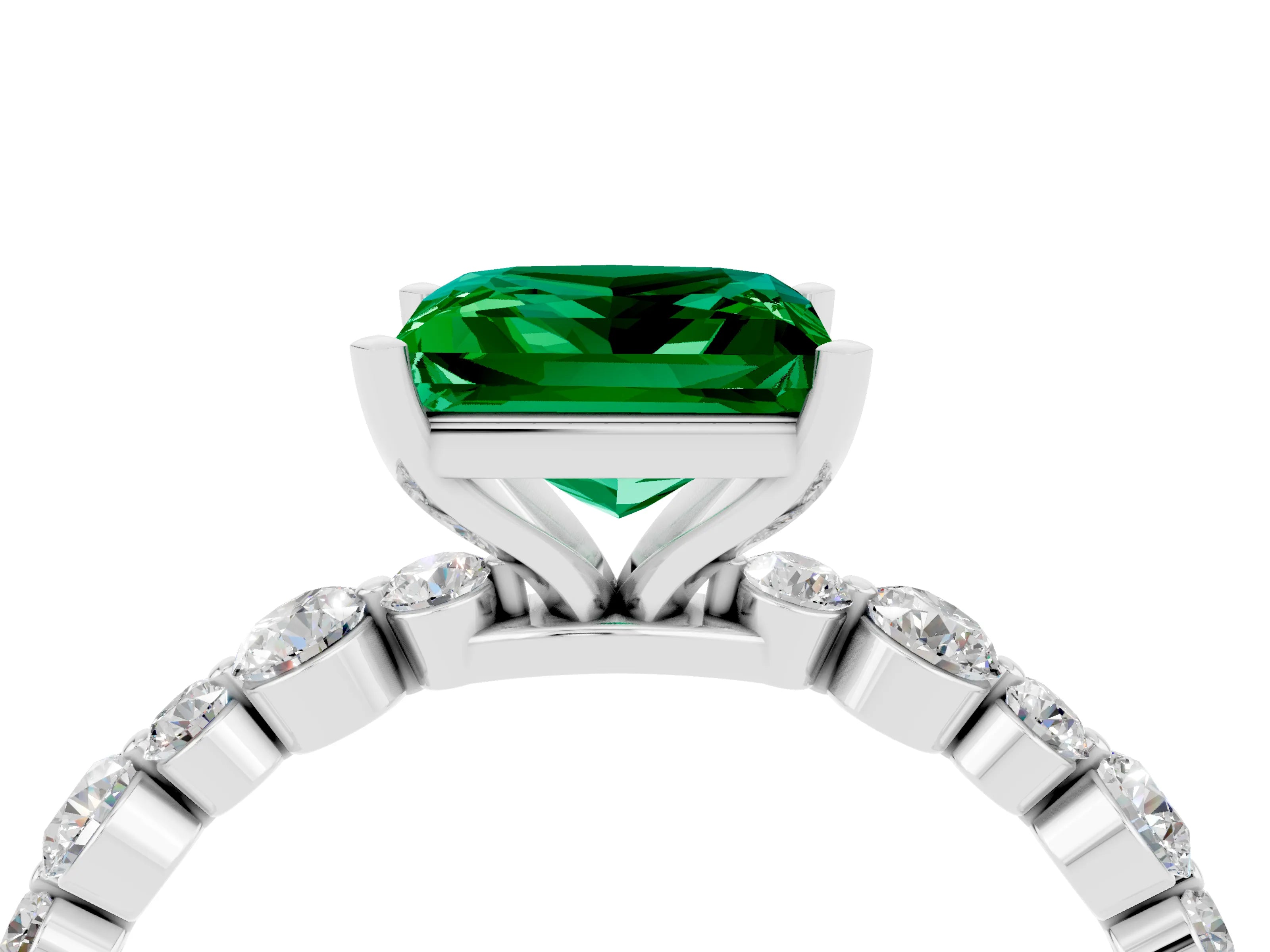 White gold Princess Cut Emerald Prong Set Engagement Ring with Pavé Band_4