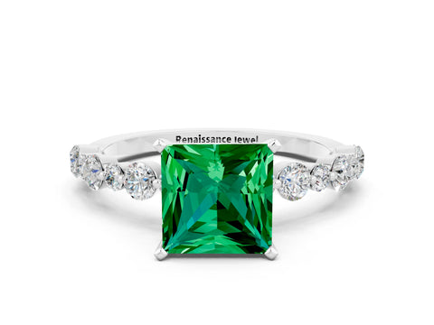 White gold Princess Cut Emerald Prong Set Engagement Ring with Pavé Band