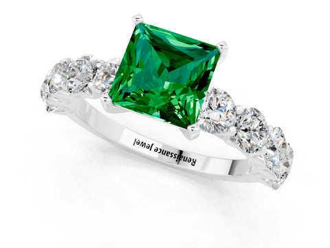 White gold Princess Cut Emerald Prong Setting with Side Stones on a Pave Band_1