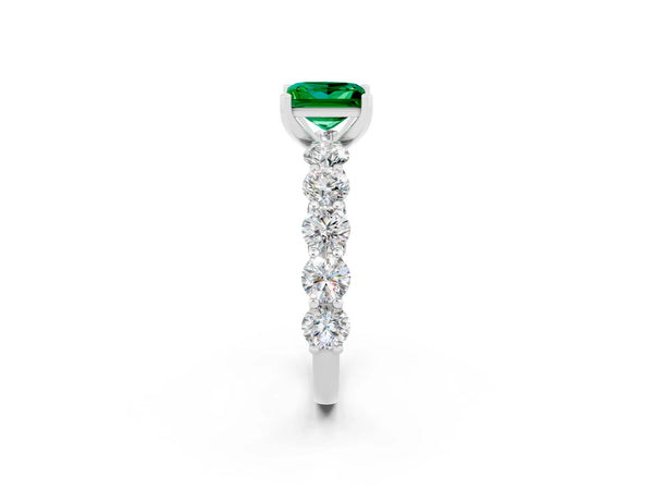 Platinum Princess Cut Emerald Prong Setting with Side Stones on a Pave Band