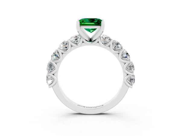 Silver Princess Cut Emerald Prong Setting with Side Stones on a Pave Band