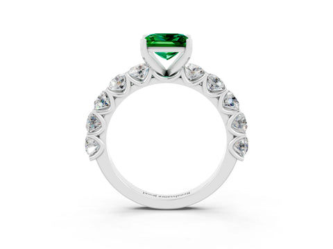 White gold Princess Cut Emerald Prong Setting with Side Stones on a Pave Band_3