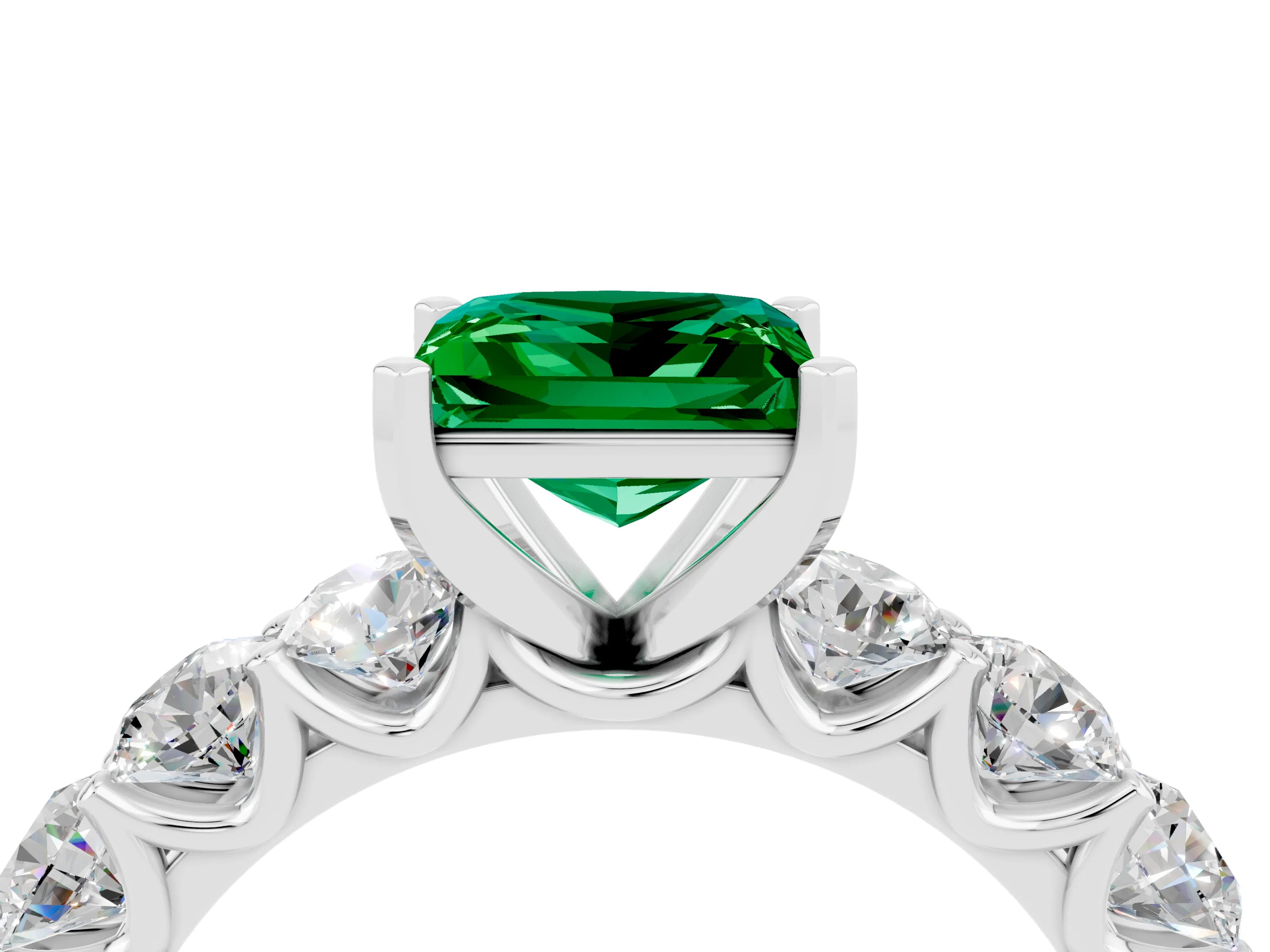 White gold Princess Cut Emerald Prong Setting with Side Stones on a Pave Band_4