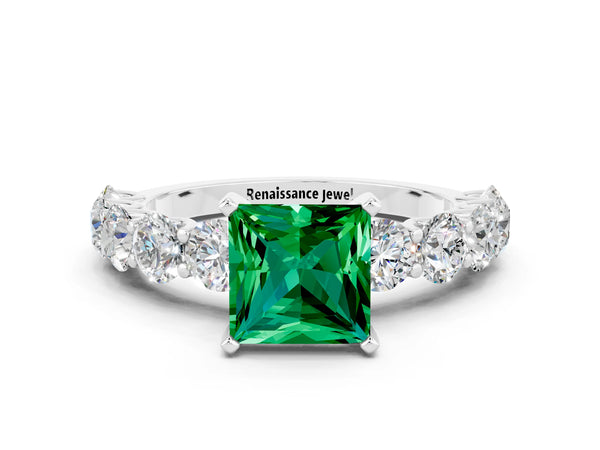 Silver Princess Cut Emerald Prong Setting with Side Stones on a Pave Band